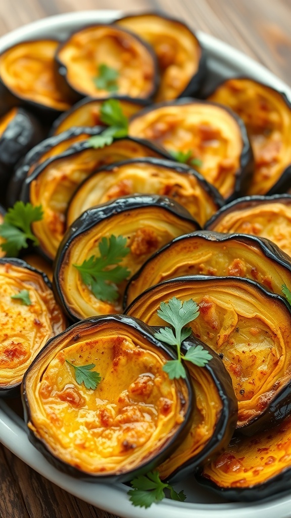 Oven-Roasted Eggplant Recipe A platter of golden-brown oven-roasted eggplant slices garnished with parsley on a rustic wooden table.
